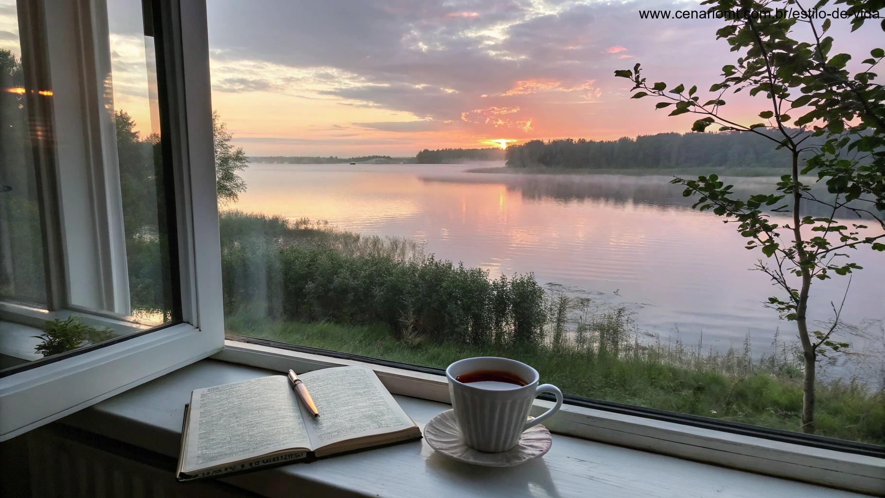 Nascer do sol tranquilo sobre um lago calmo, com cores suaves no céu, uma xícara de chá na janela e um diário com notas manuscritas de gratidão e inspiração.