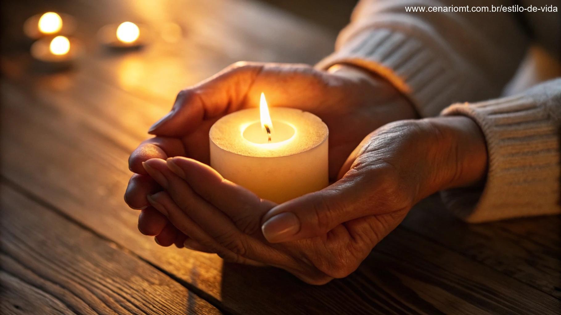 Mãos segurando uma vela acesa, irradiando uma luz dourada e acolhedora.