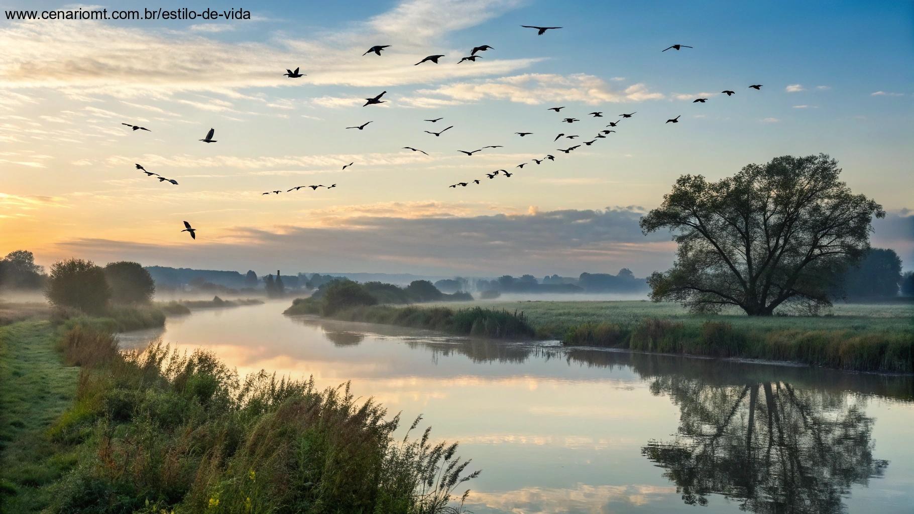 Cena matinal com pássaros voando no céu sobre um rio calmo, enquanto os primeiros raios de sol brilham sobre a paisagem, simbolizando inspiração e esperança para o dia.