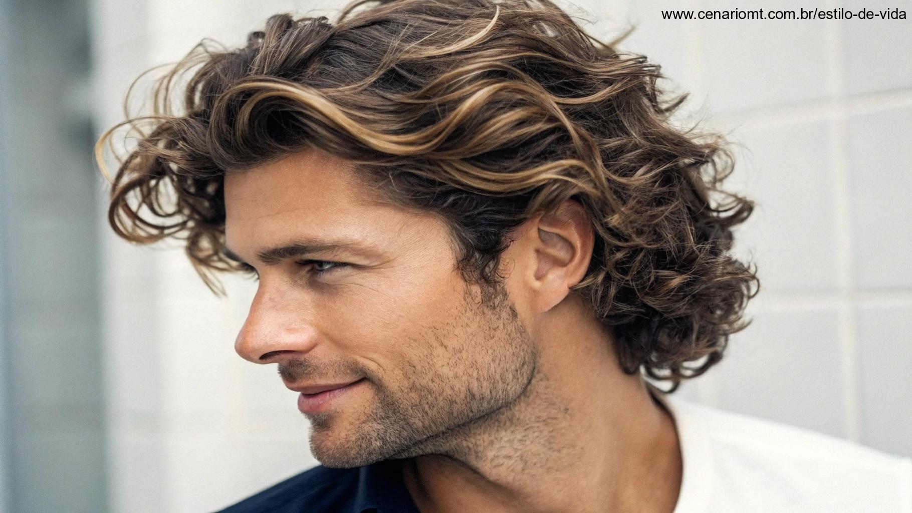 Homem com cabelo ondulado, usando um corte médio e texturizado com volume natural, exibindo ondas descontraídas e estilosas.