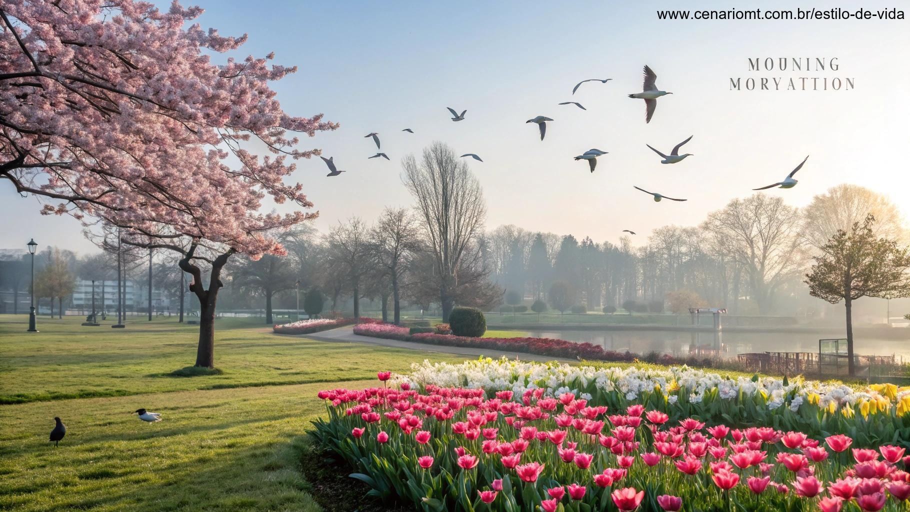 Visão inspiradora de um parque com flores, pássaros e céu claro, trazendo motivação para sexta-feira, 14 de fevereiro de 2025.