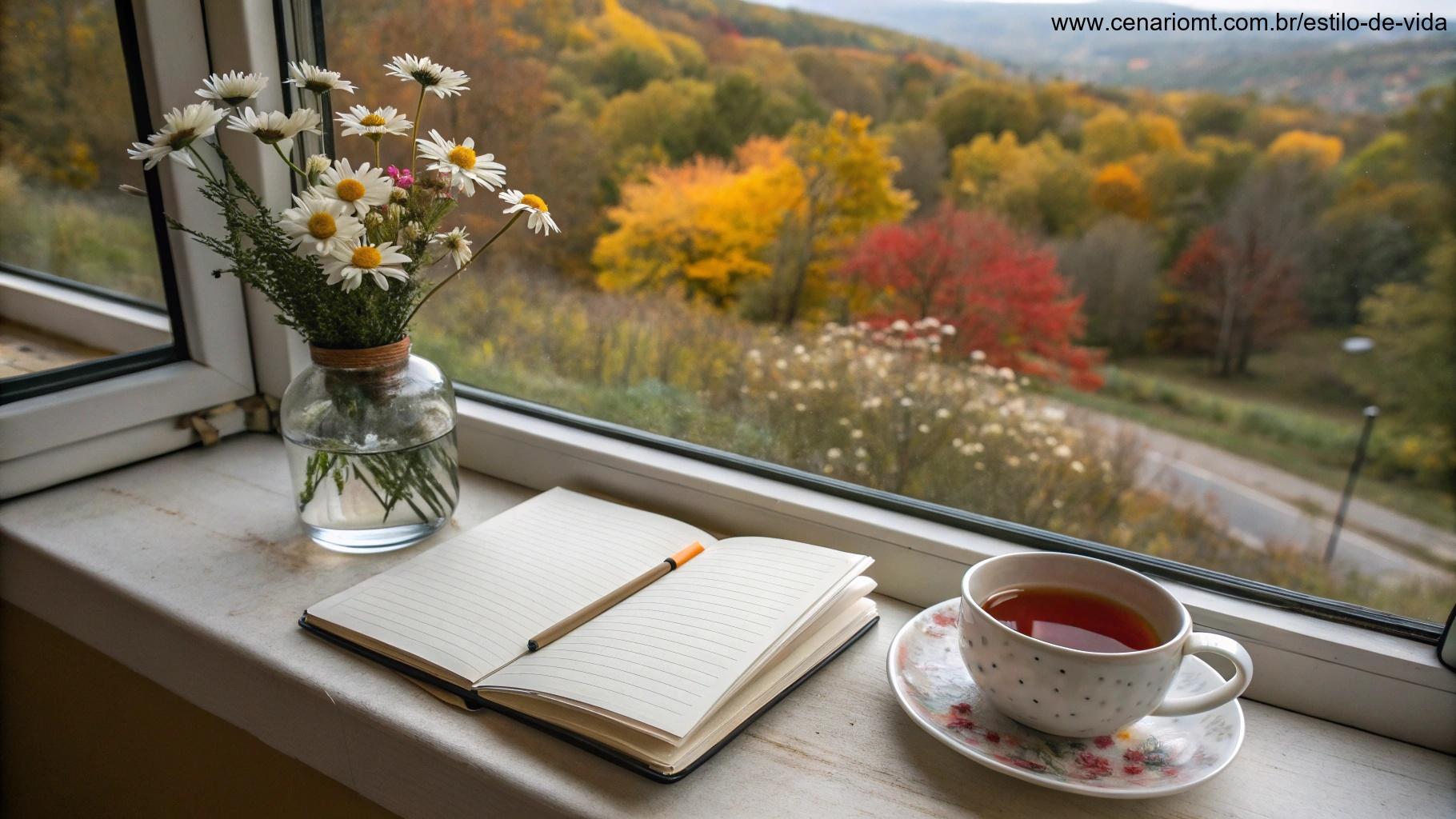 Cenário artístico com chá, caderno e flores diante de uma paisagem de outono.