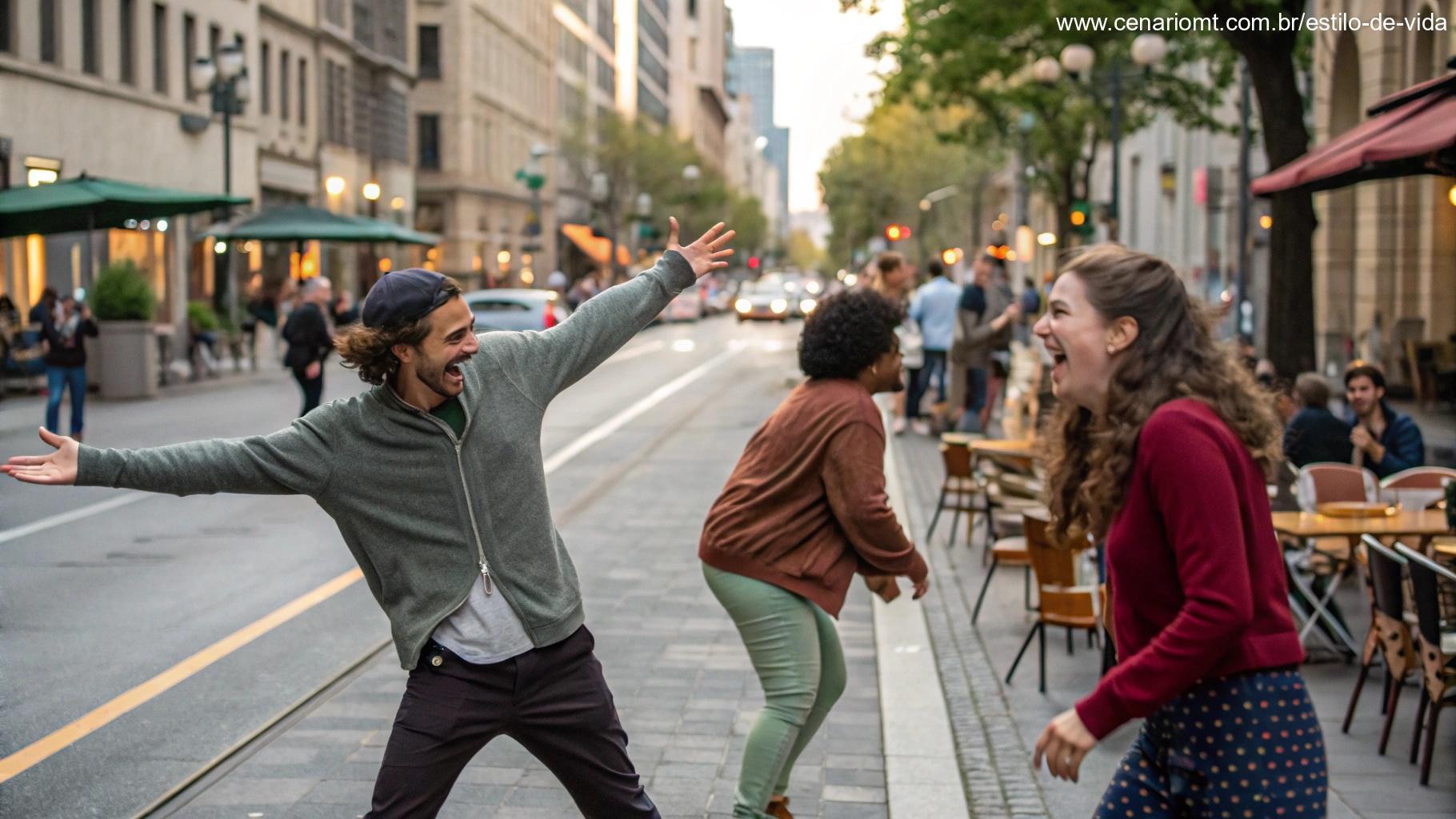 Cena animada na rua com pessoas interagindo de forma divertida
