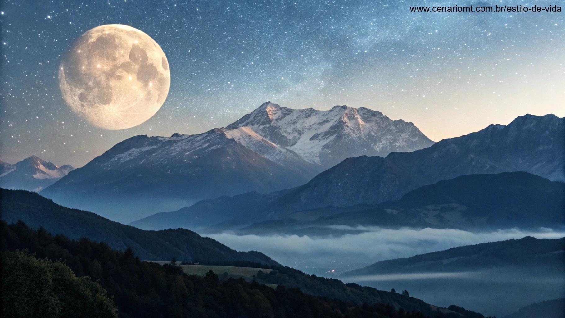 Paisagem mística com a lua cheia subindo sobre montanhas e iluminando o ambiente.