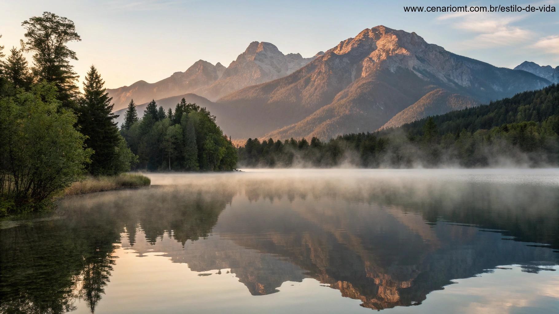 Lago de montanha calmo ao amanhecer com neblina sobre a água.
