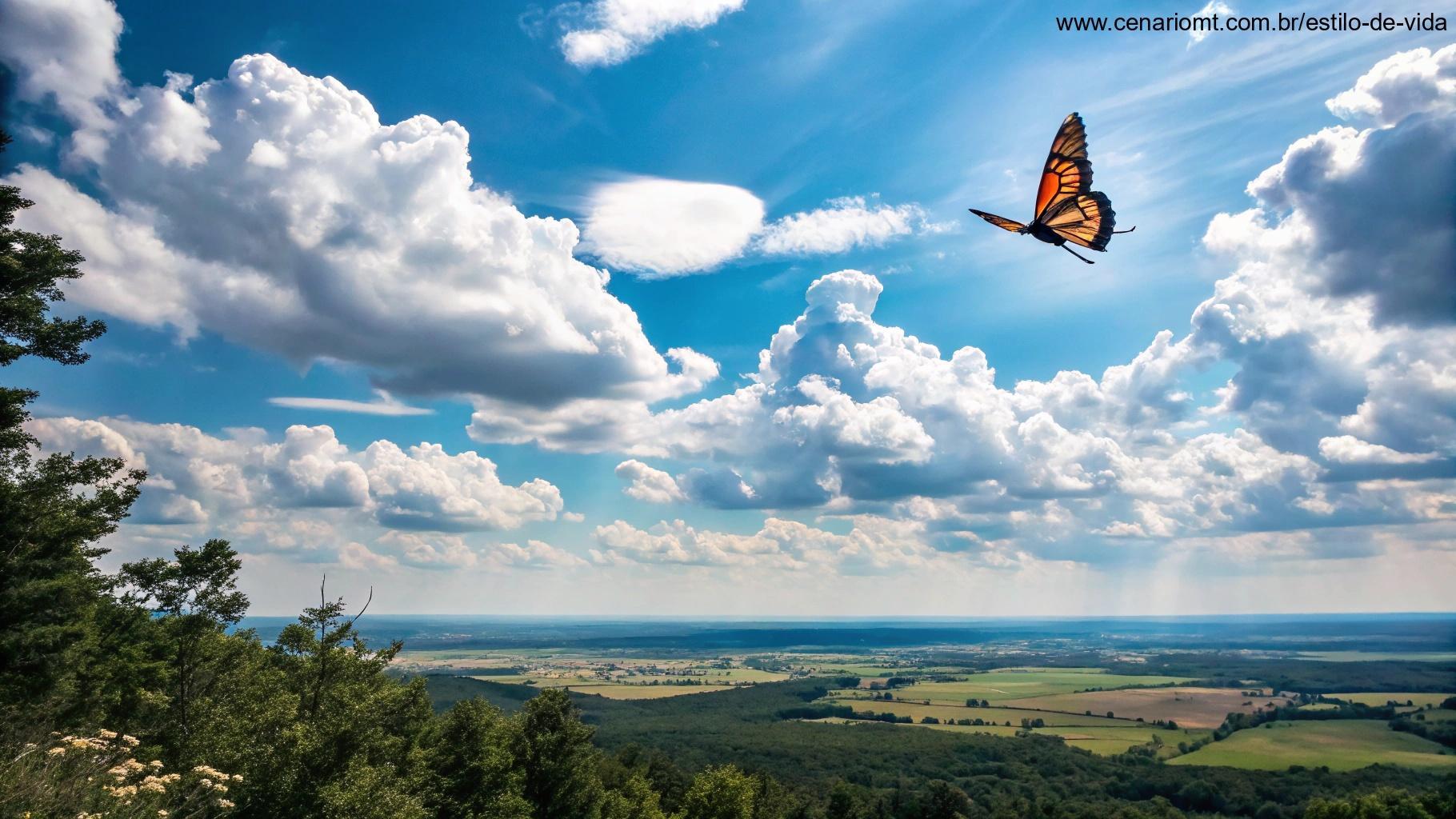 Uma borboleta voando através de um céu claro, com nuvens vibrantes e uma paisagem expansiva abaixo, representando crescimento interior e liberdade.