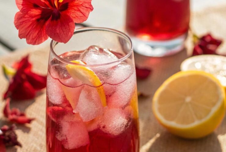 Limonada de hibisco sem açúcar em um copo com gelo e pétalas de hibisco fresco.