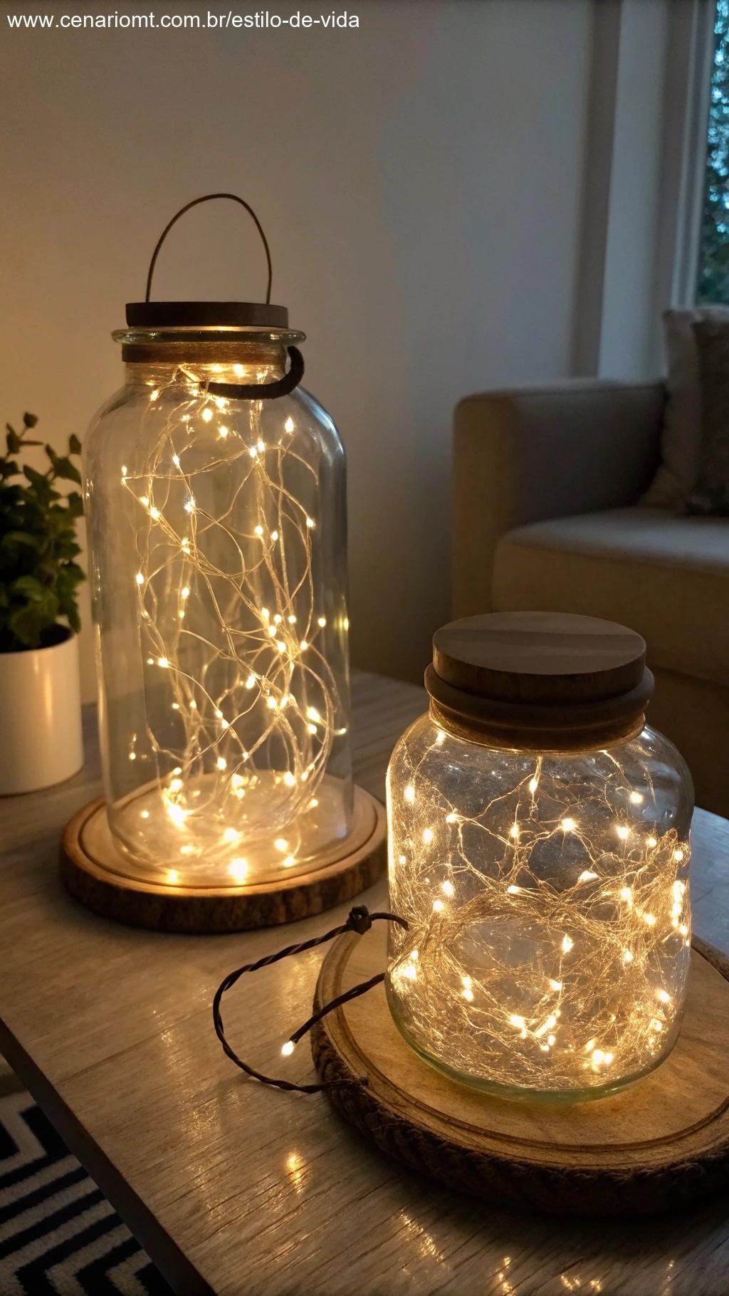 Luminárias personalizadas feitas com frascos de vidro e luzes de fada.