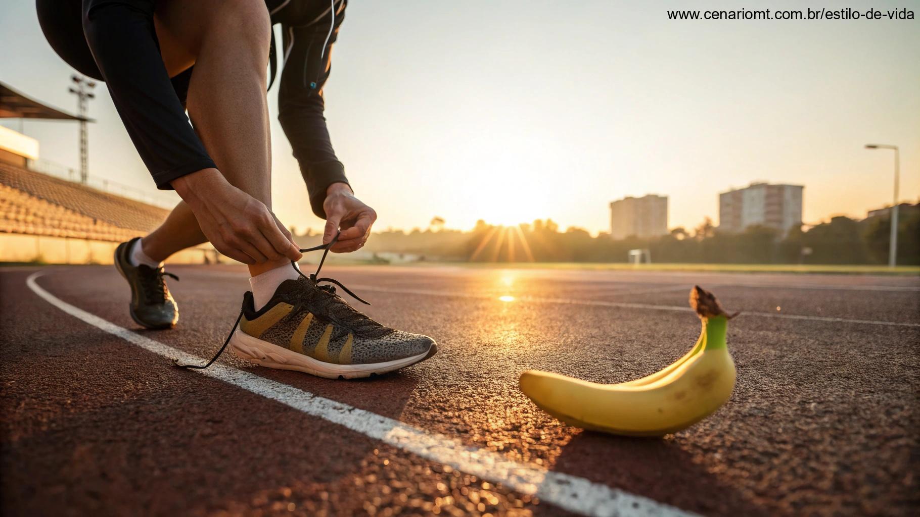 Pessoa amarrando os tênis ao lado de uma banana em uma pista de corrida ao amanhecer.
