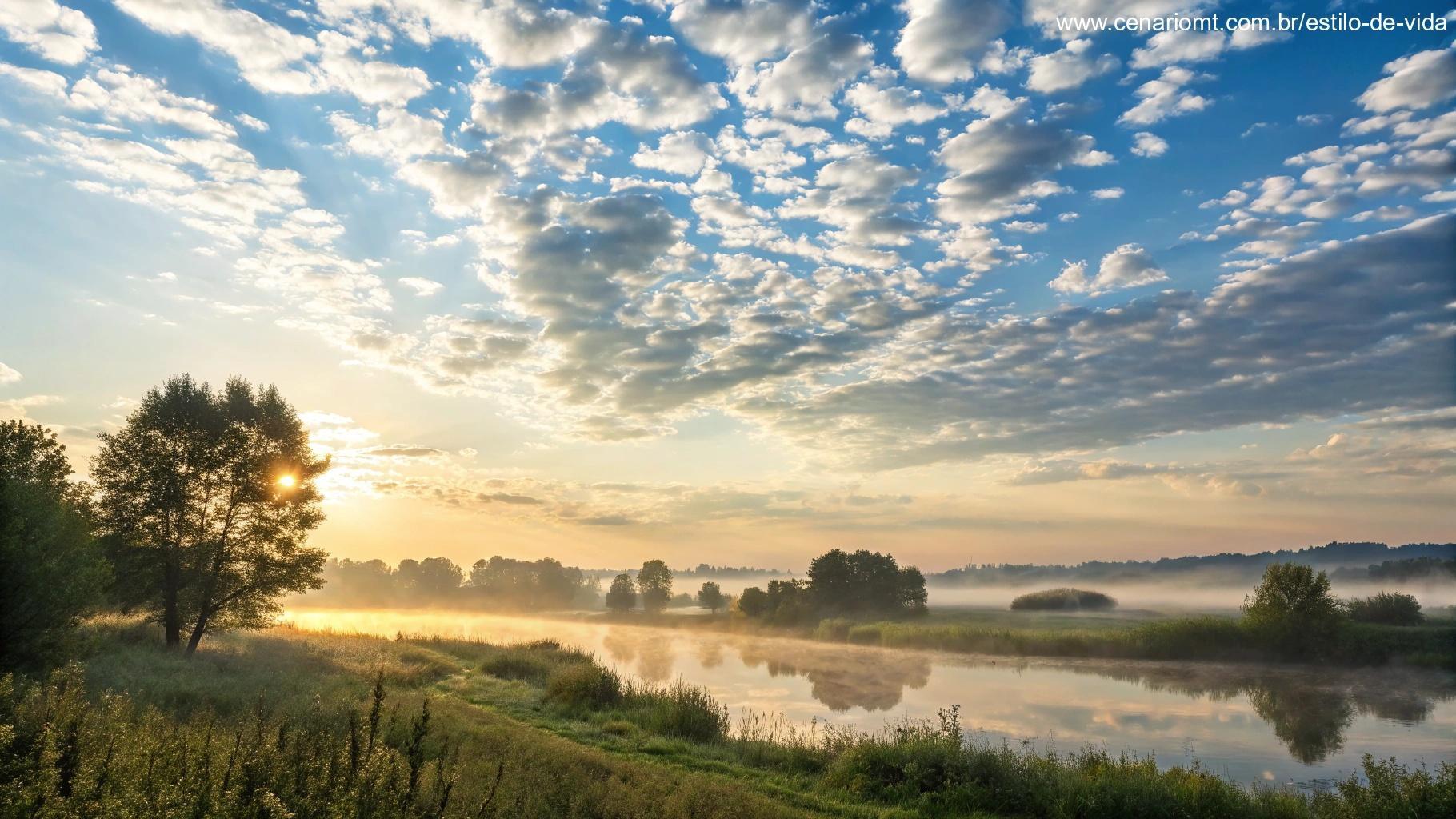 Imagem de uma manhã clara e serena com um céu bonito e nuvens leves, refletindo uma energia positiva para o dia.