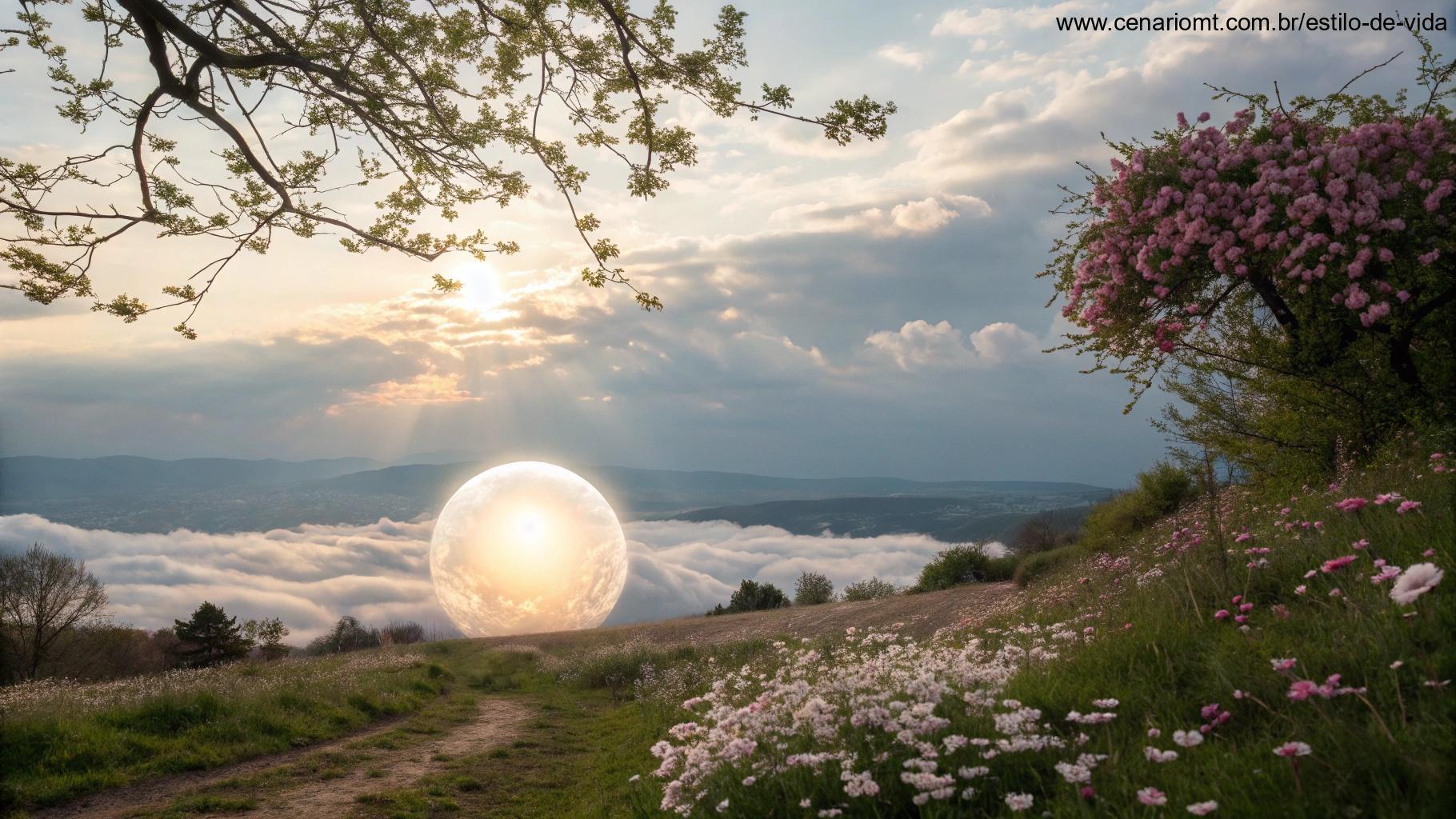 Orbe radiante de luz no centro de uma paisagem tranquila, cercada por flores e nuvens suaves.