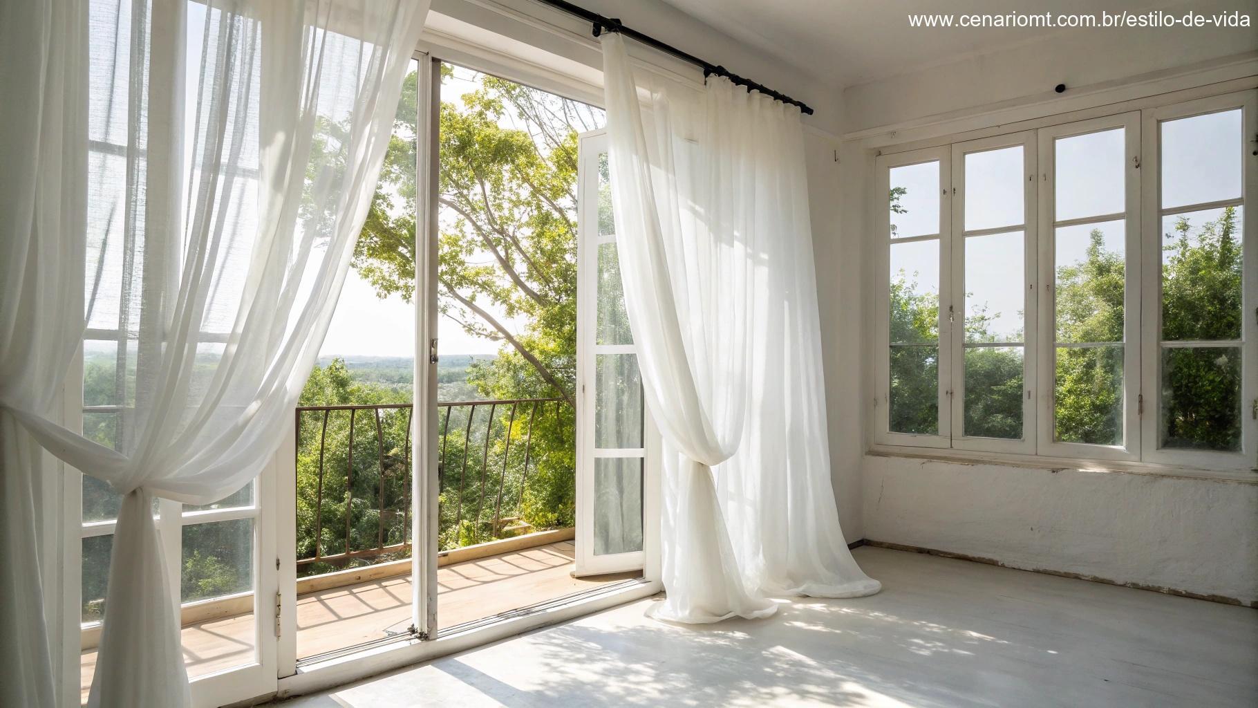Quarto iluminado com cortinas brancas esvoaçantes e janelas abertas.