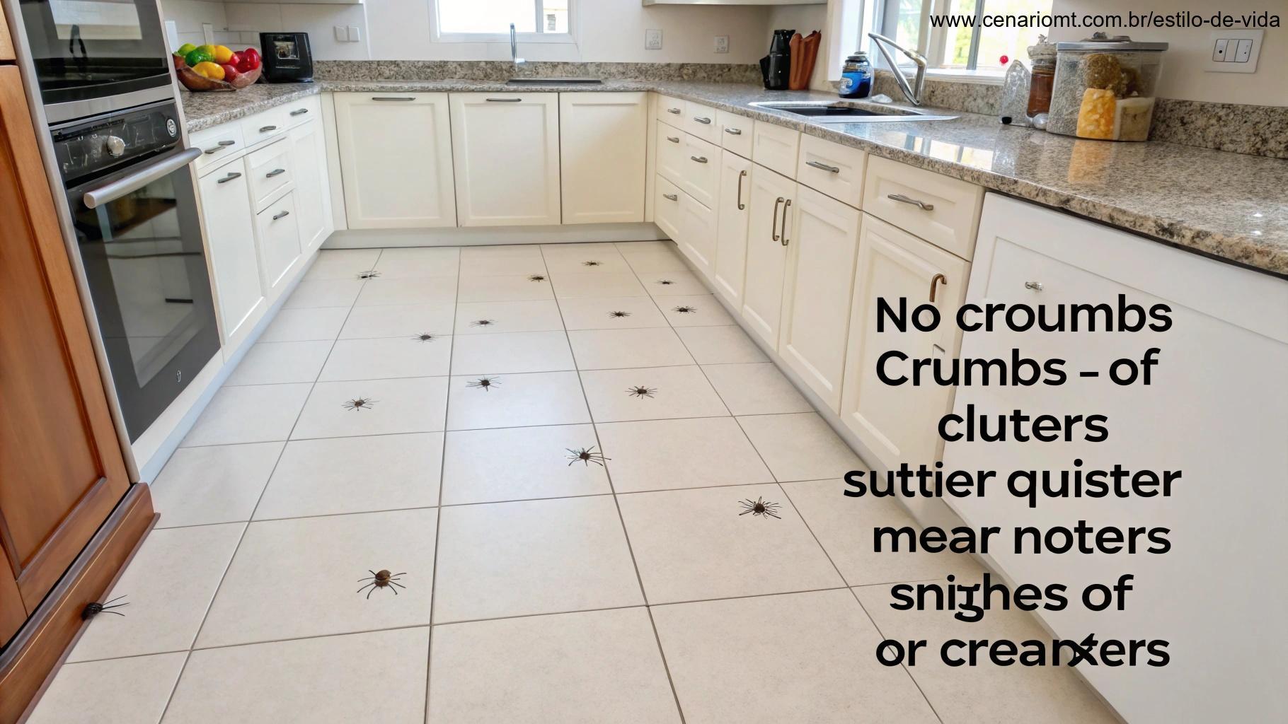 Uma cozinha organizada e limpa, sem sinais de sujeira ou aranhas.