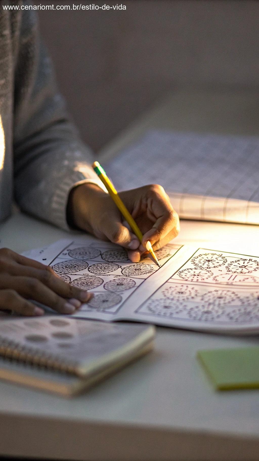 Mãos desenhando padrões e cálculos de loteria em uma mesa.