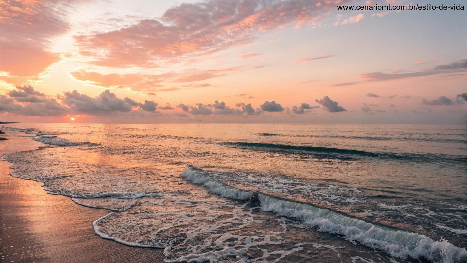 Nascer do sol sobre o oceano calmo, com ondas suaves tocando a areia.