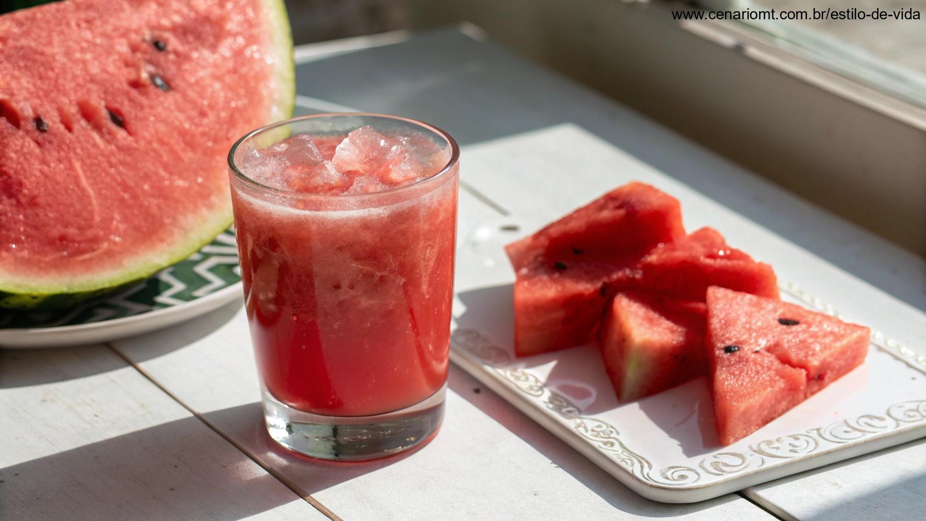 Um copo de suco de melancia recém-batido com cubos de gelo, ao lado de uma melancia fatiada.