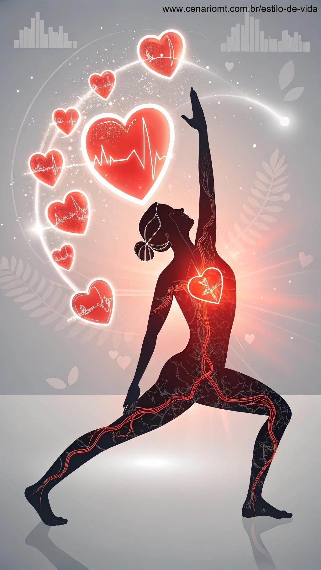 Uma pose dinâmica de yoga com símbolos de coração brilhantes representando benefícios para a saúde cardiovascular