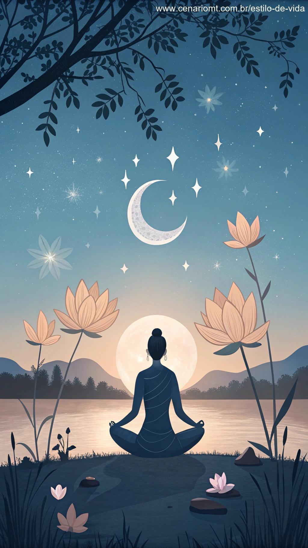 Uma sessão de yoga noturna com estrelas e símbolos de descanso, representando melhora na qualidade do sono