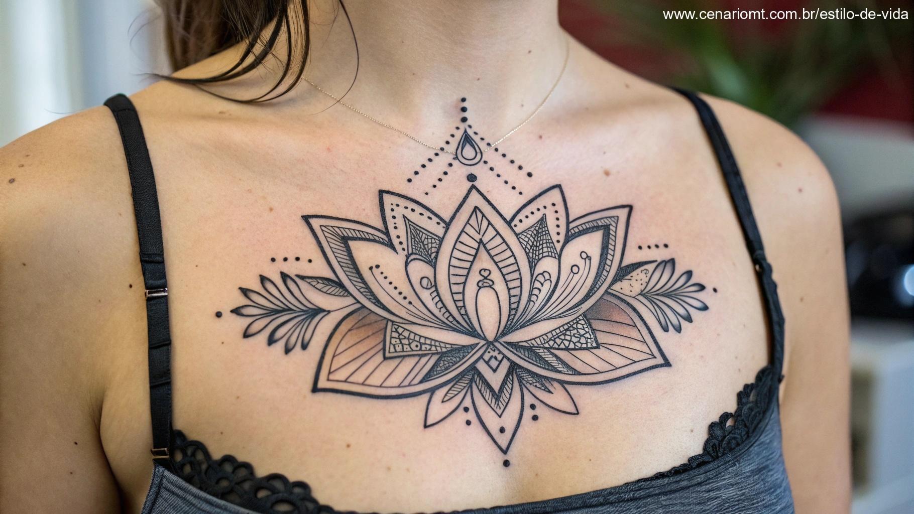 Tatuagem feminina de flor de lótus com linhas finas e simetria geométrica no esterno.