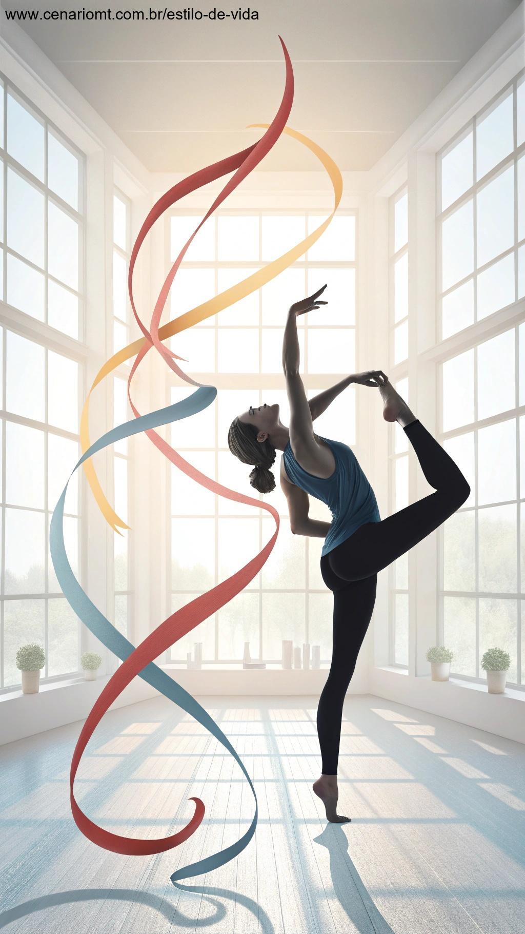 Um praticante de yoga flexível em uma pose dinâmica, com elementos que representam a melhoria da flexibilidade