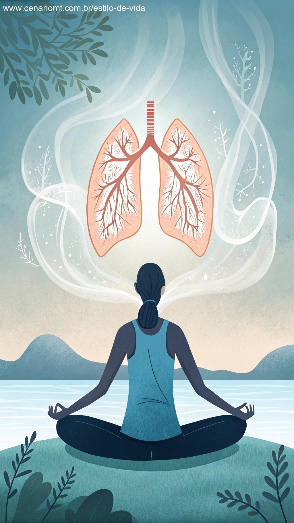 Uma pessoa calma praticando yoga com elementos visuais de pulmões e fluxo de ar representando a melhoria da respiração