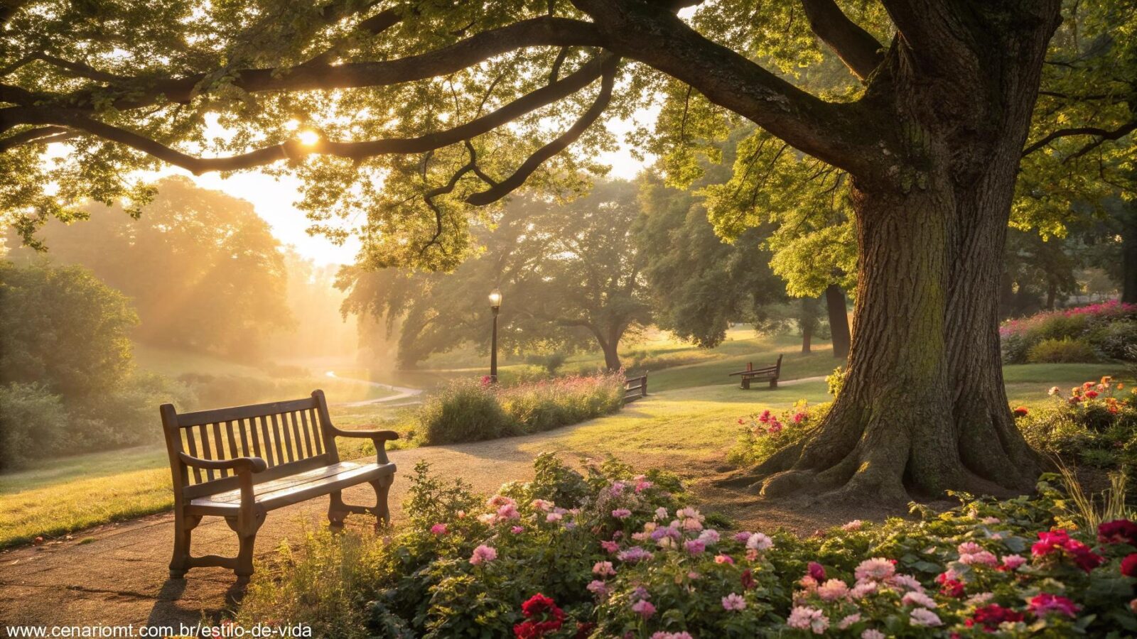 Cena tranquila de tarde em um parque bonito, com raios de sol dourados atravessando as árvores verdes e um banco de madeira cercado por flores.