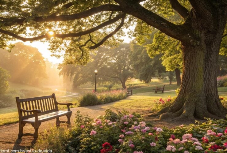 Cena tranquila de tarde em um parque bonito, com raios de sol dourados atravessando as árvores verdes e um banco de madeira cercado por flores.