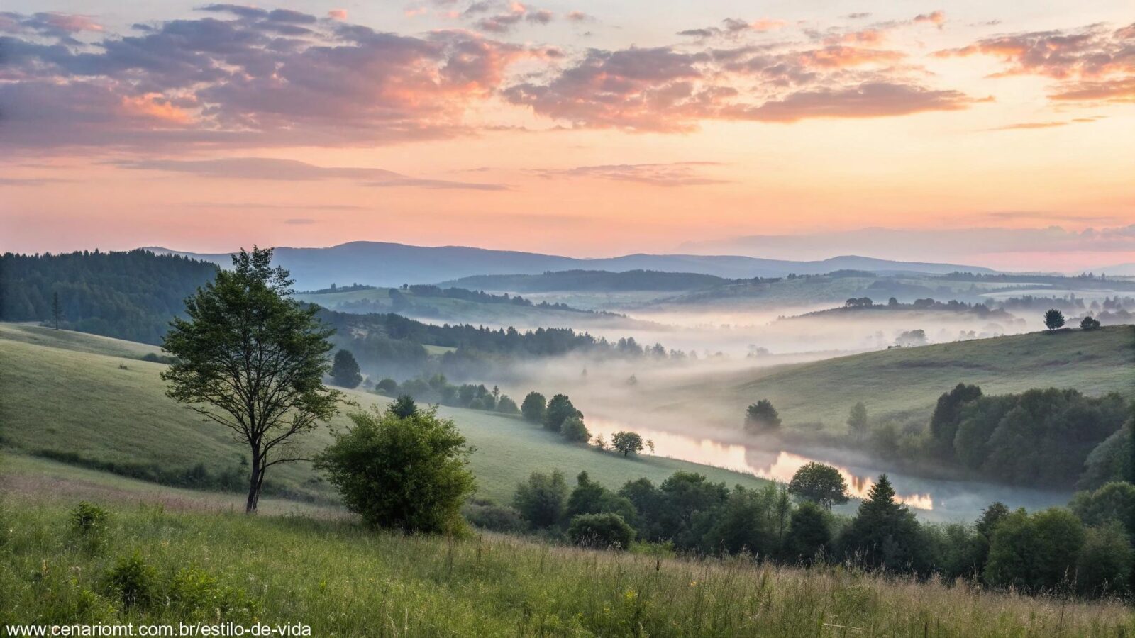 Cena tranquila de um amanhecer com uma luz suave iluminando uma paisagem serena.