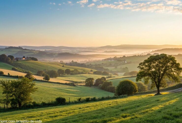 Nascer do sol tranquilo sobre o campo, iluminando a paisagem com luz dourada suave, simbolizando um domingo abençoado com paz e fé.