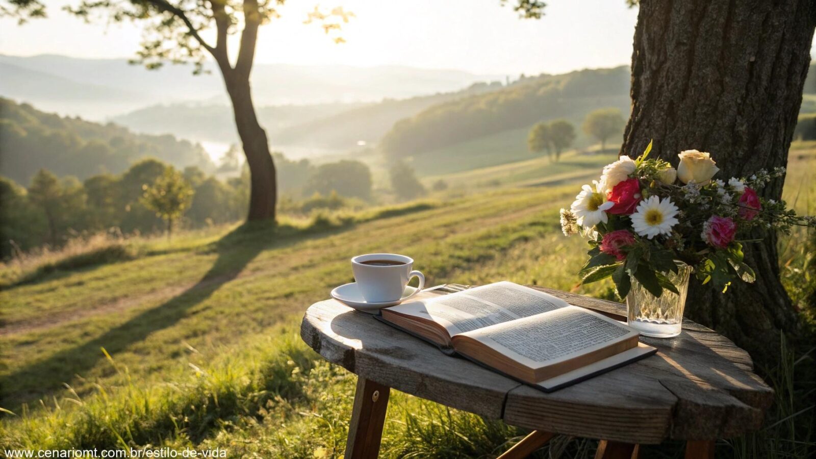 Cena tranquila de uma manhã de domingo com luz suave passando pelas árvores, uma paisagem campestre com uma mesa de madeira, uma Bíblia, uma xícara de café e um buquê de flores frescas.
