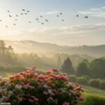 Cena tranquila de manhã com luz suave entrando pela janela, destacando uma paisagem serena com flores florescendo e pássaros voando no céu.