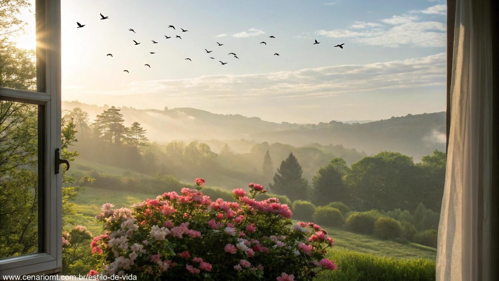 Cena tranquila de manhã com luz suave entrando pela janela, destacando uma paisagem serena com flores florescendo e pássaros voando no céu.
