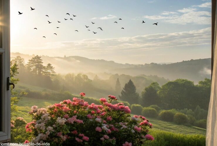 Cena tranquila de manhã com luz suave entrando pela janela, destacando uma paisagem serena com flores florescendo e pássaros voando no céu.