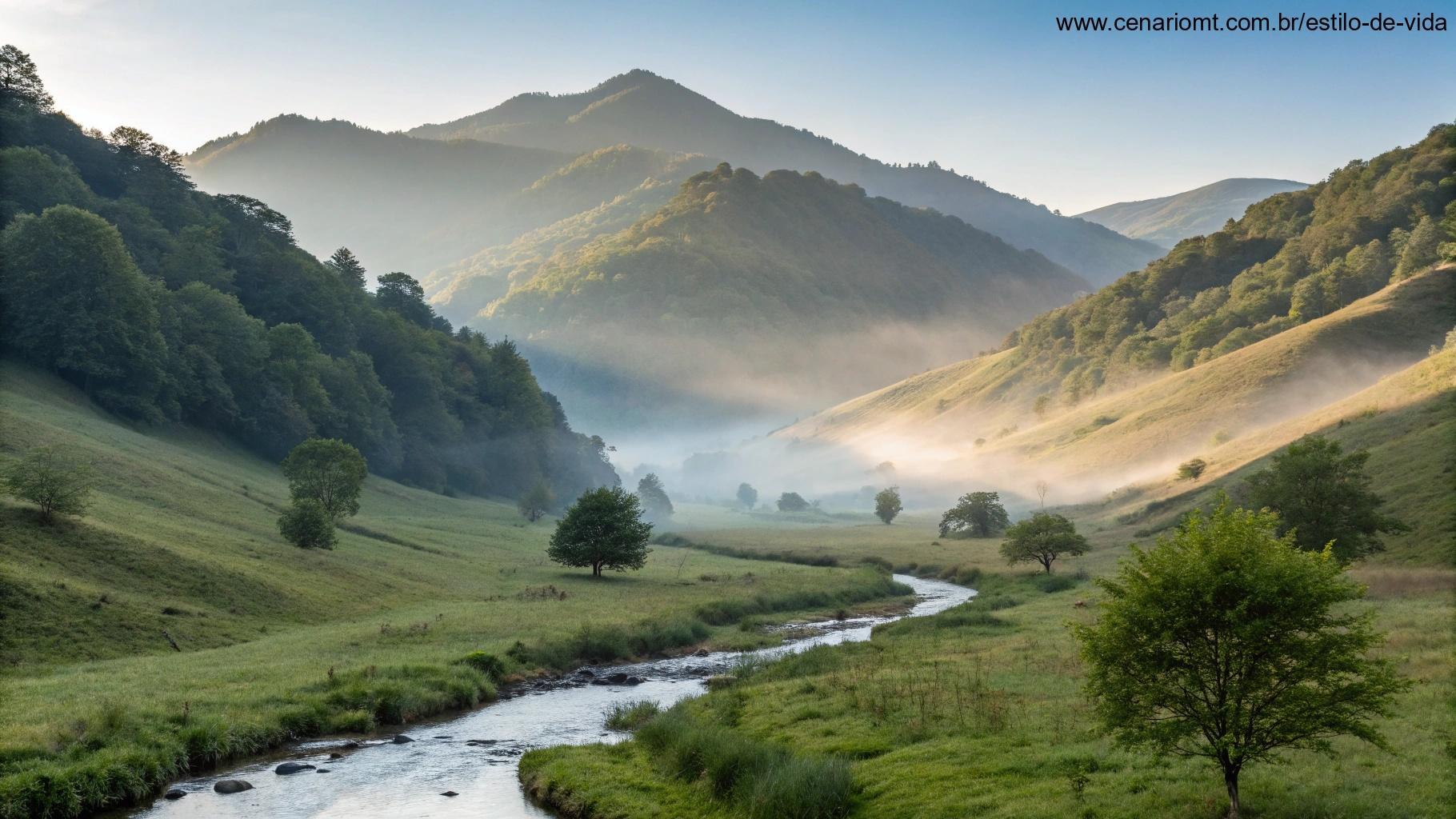 Paisagem serena de montanha com névoa matinal, encostas suaves e um riacho tranquilo, representando um dia abençoado