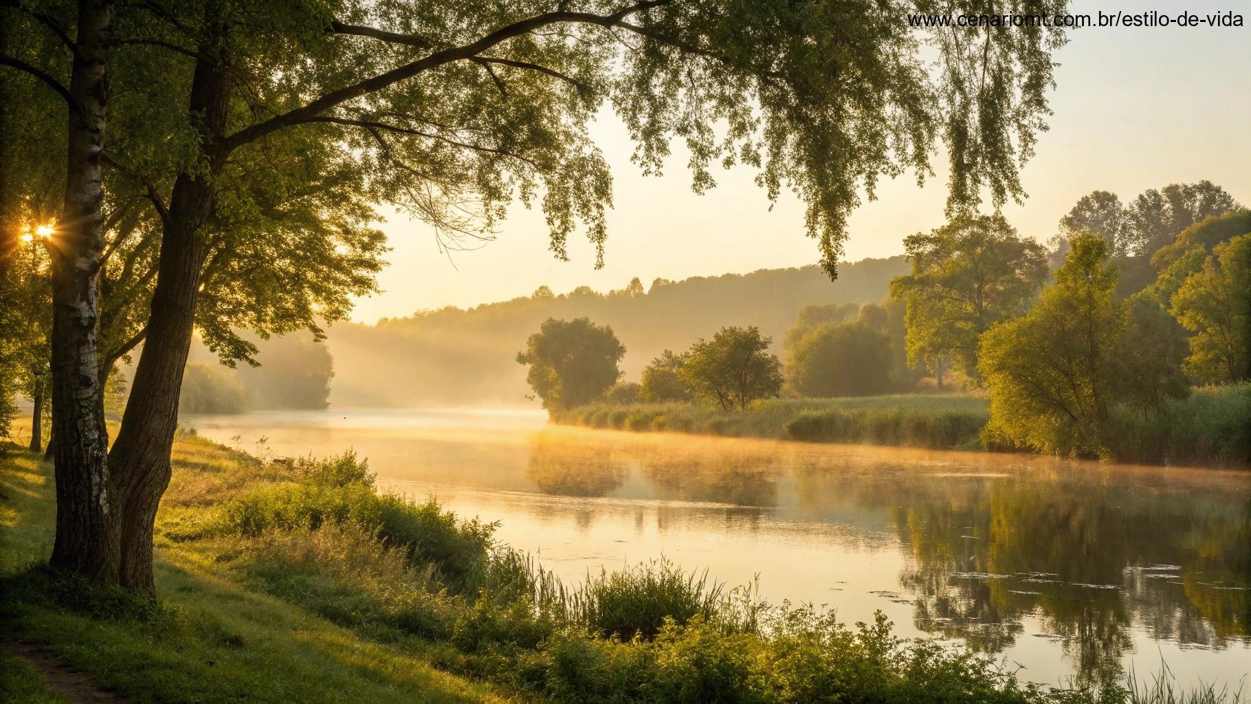 Paisagem tranquila de manhã cedo com luz dourada refletindo na água calma, cercada por árvores verdes e uma brisa suave movendo as folhas.