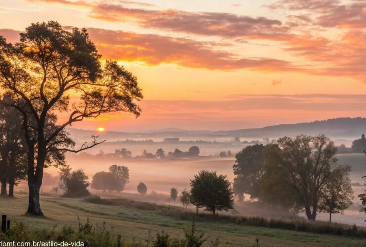 Amanhecer tranquilo com luz dourada suave, trazendo paz e bênçãos para uma bela quinta-feira.