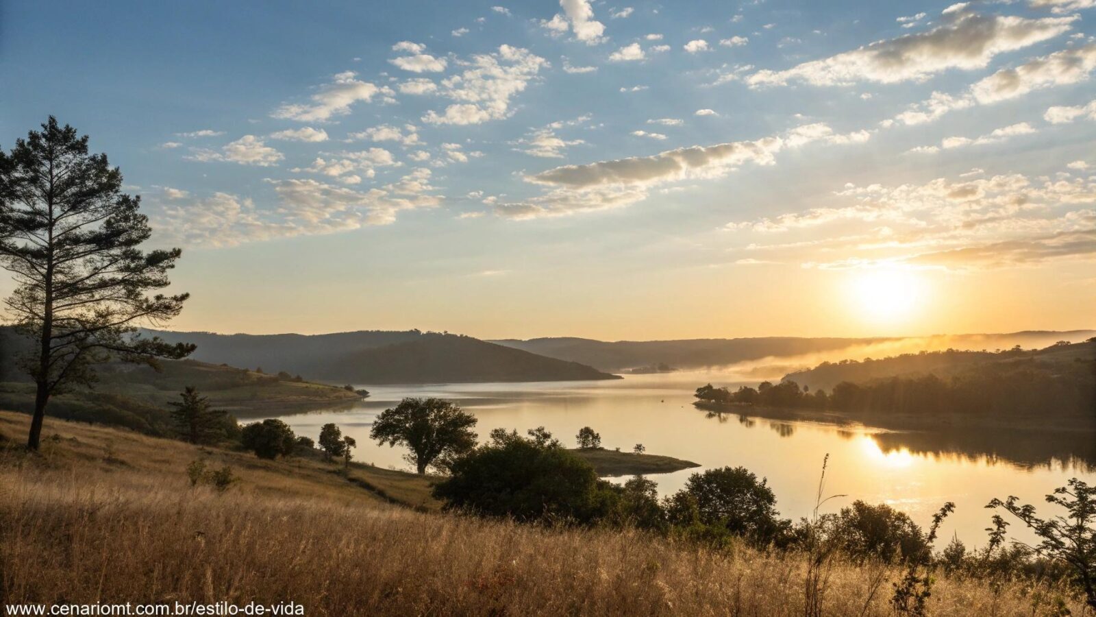 Cena tranquila de manhã com luz dourada suave sobre uma paisagem pacífica.
