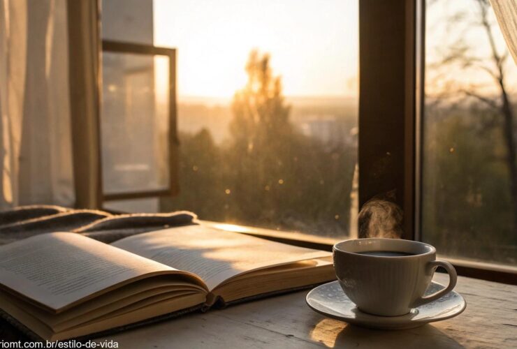 Cena tranquila de manhã com luz suave entrando pela janela, destacando uma xícara de café e uma Bíblia aberta sobre a mesa, simbolizando o começo abençoado da quinta-feira.
