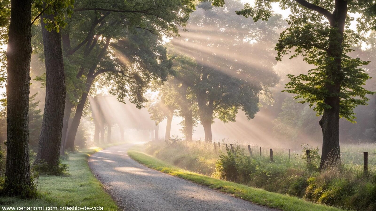 Cena tranquila de manhã com luz suave filtrando entre as árvores e iluminando um caminho silencioso, cercado pela natureza.