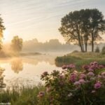 Cena tranquila e serena da manhã com luz suave do sol sobre uma paisagem calma, simbolizando o início abençoado e positivo do dia, com elementos naturais como flores e árvores ao fundo, refletindo esperança e renovação para o sábado.