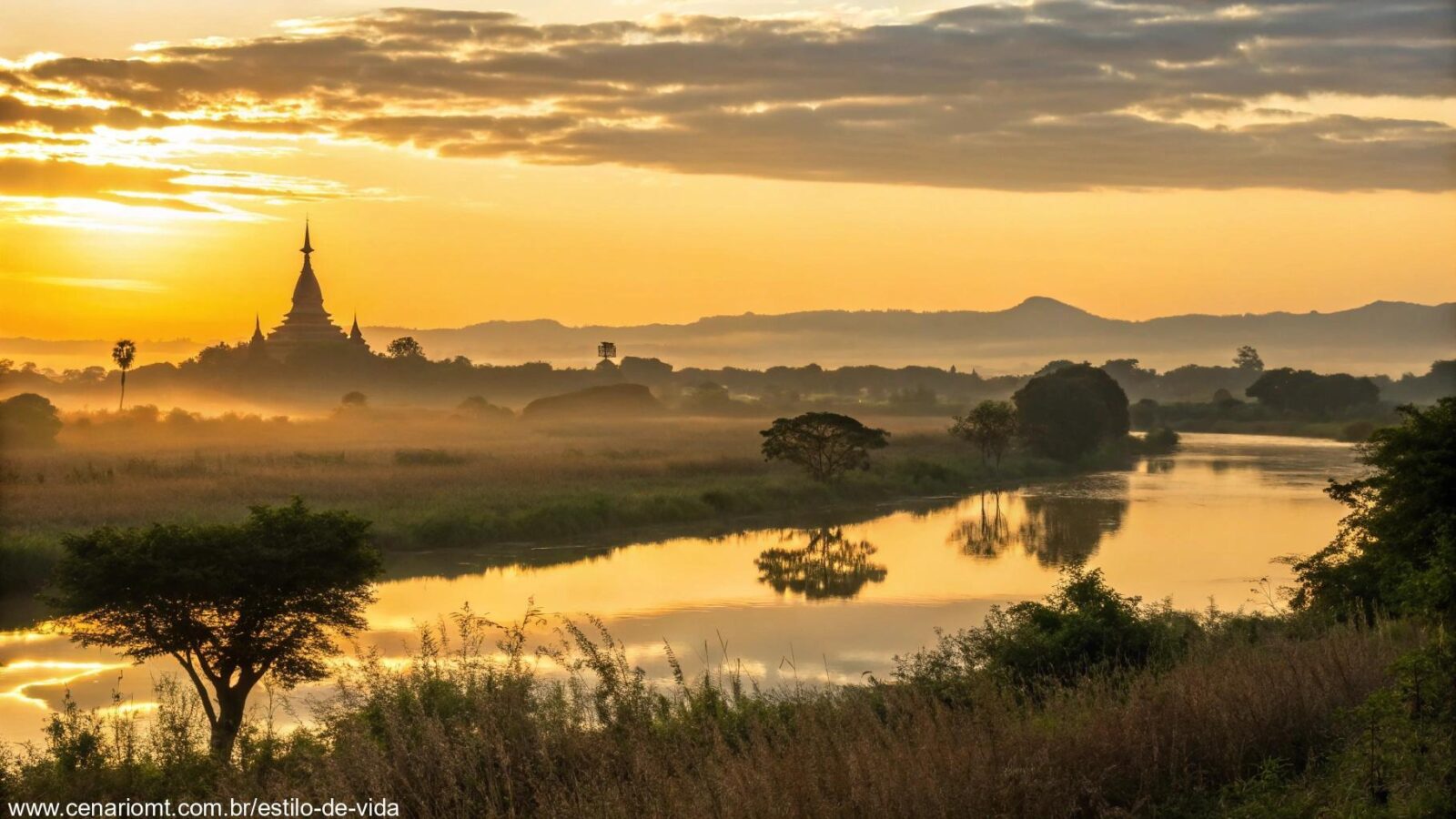 Amanhecer tranquilo sobre uma paisagem serena, com luz dourada aquecendo o céu, transmitindo calma e reflexão espiritual.