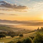 Nascer do sol pacífico iluminando a paisagem serena, trazendo bênçãos e paz para o sábado.