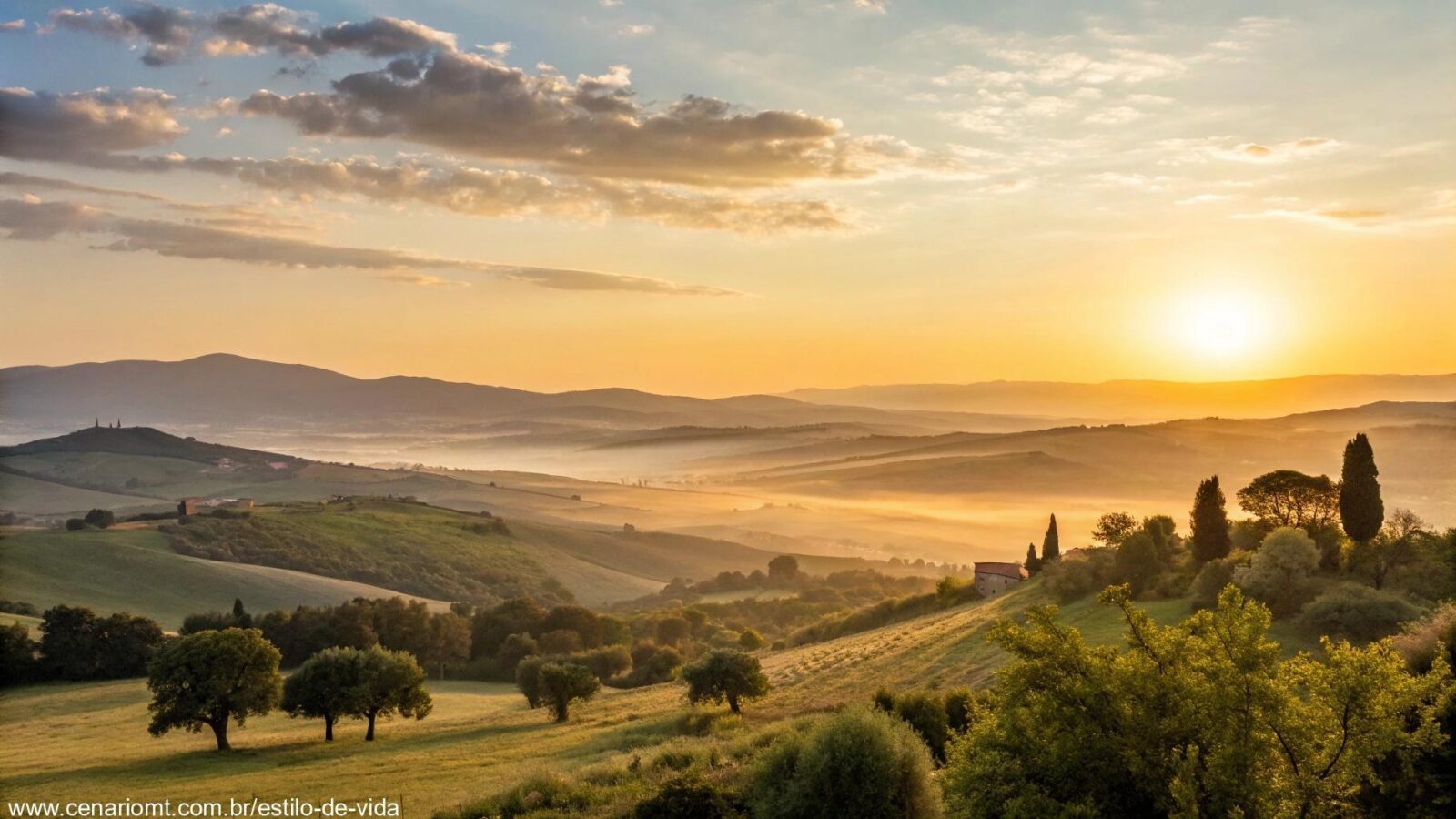Nascer do sol pacífico iluminando a paisagem serena, trazendo bênçãos e paz para o sábado.