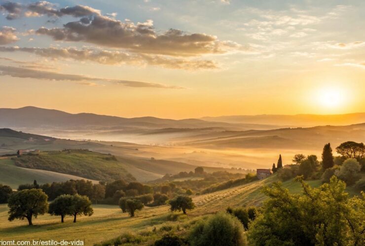 Nascer do sol pacífico iluminando a paisagem serena, trazendo bênçãos e paz para o sábado.