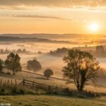 Nascer do sol tranquilo sobre o campo, transmitindo paz e esperança para a semana.