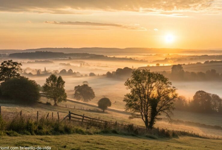 Nascer do sol tranquilo sobre o campo, transmitindo paz e esperança para a semana.