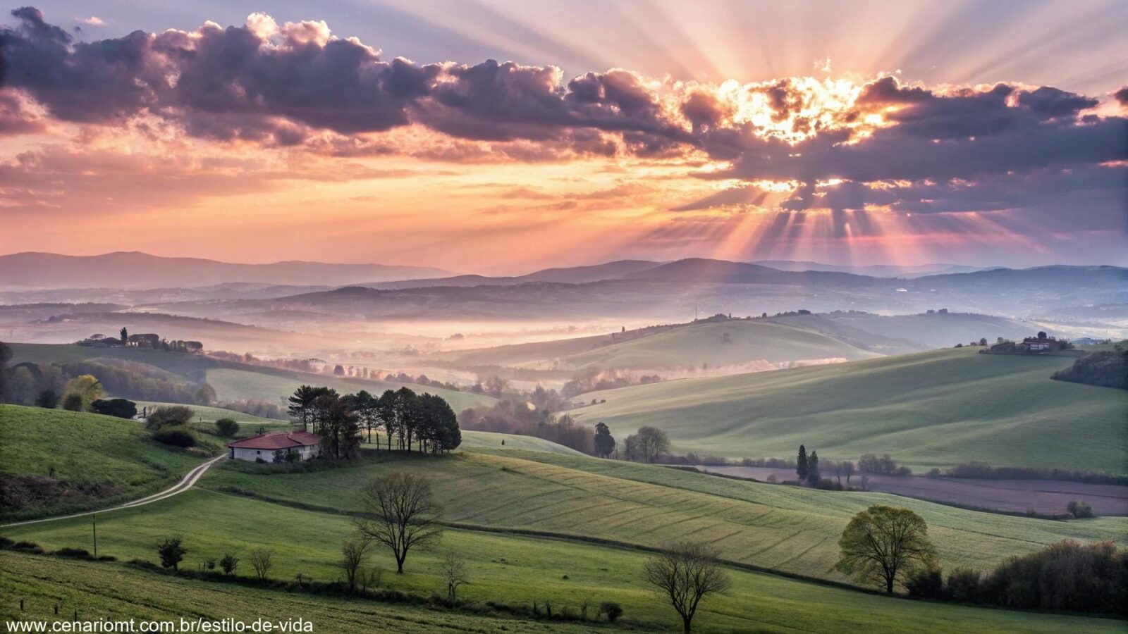Amanhecer sereno no campo com raios de sol para uma sexta-feira abençoada.