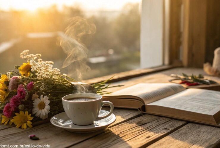 Cena tranquila de manhã com luz dourada suave iluminando uma mesa de madeira aconchegante com uma xícara de café fumegante, flores frescas e um livro aberto.