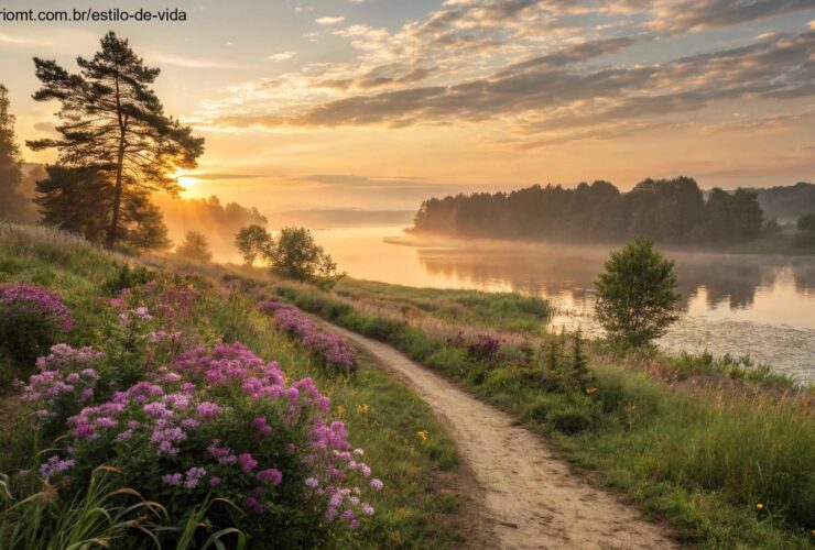 Amanhecer tranquilo com luz dourada sobre uma paisagem serena, transmitindo paz e positividade.