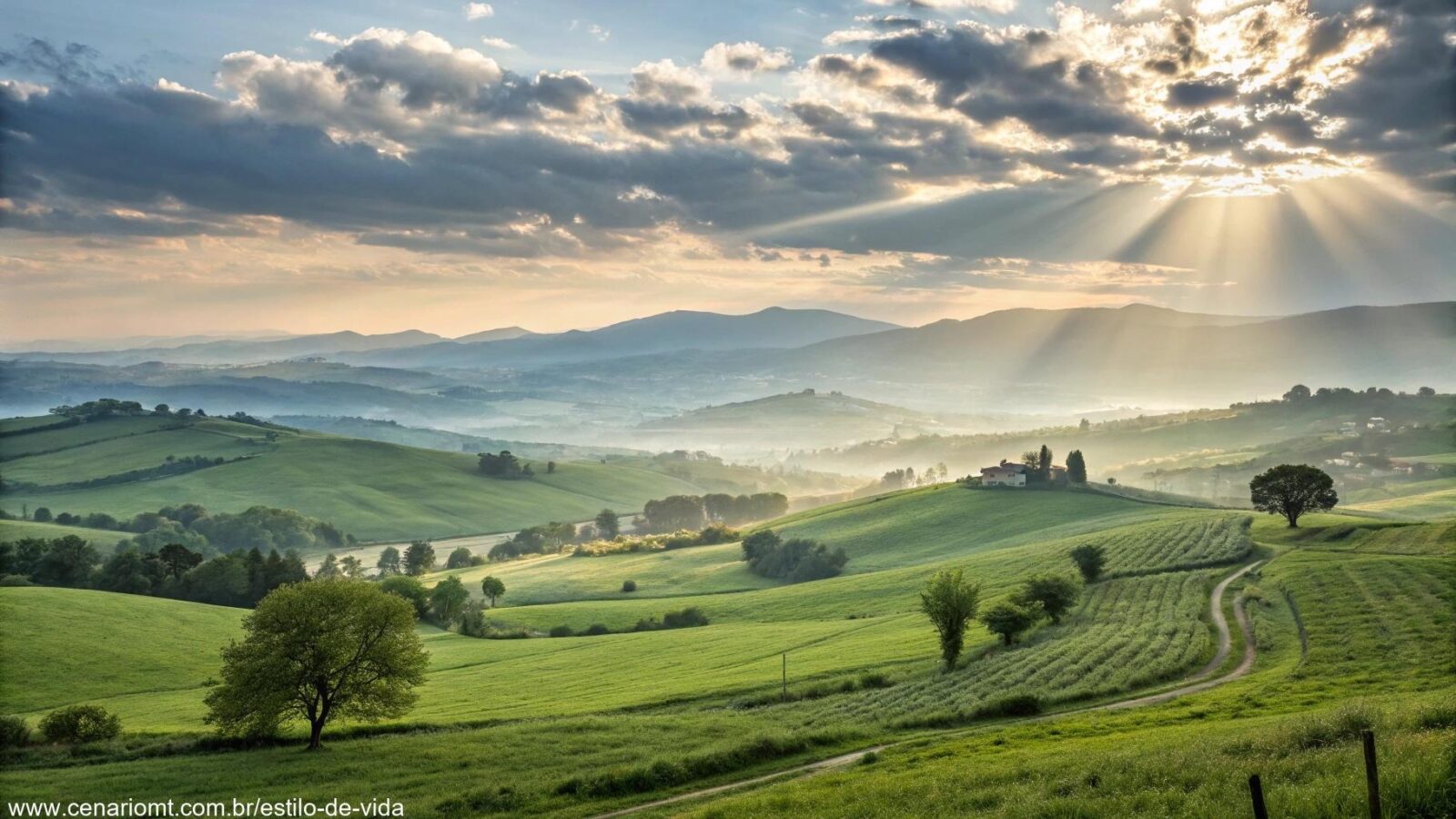 Paisagem tranquila de manhã com luz suave e campos verdes, transmitindo uma sensação de esperança e bênçãos para o dia.